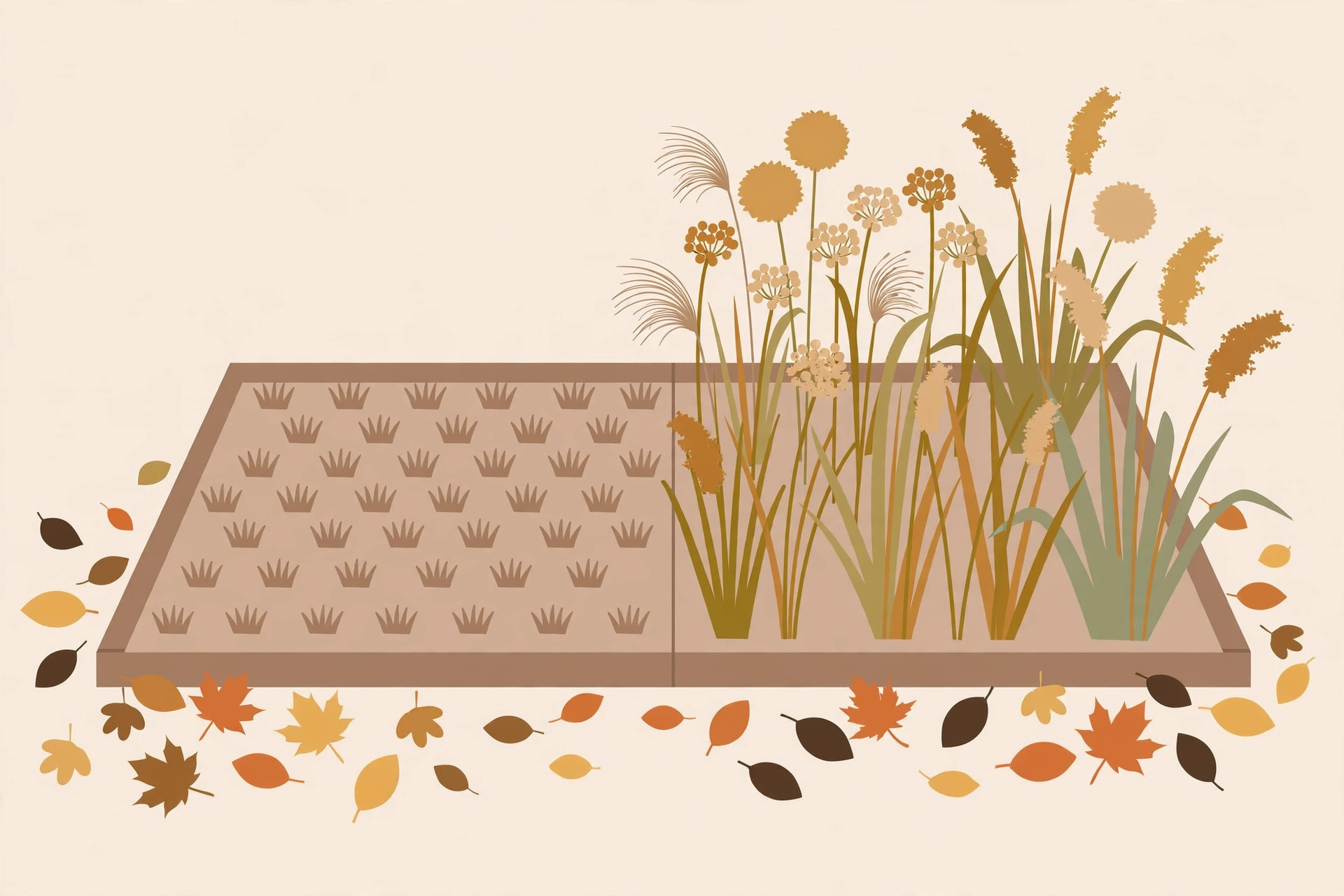 Garden bed split between plants cut to stubble and standing seedheads with grasses
