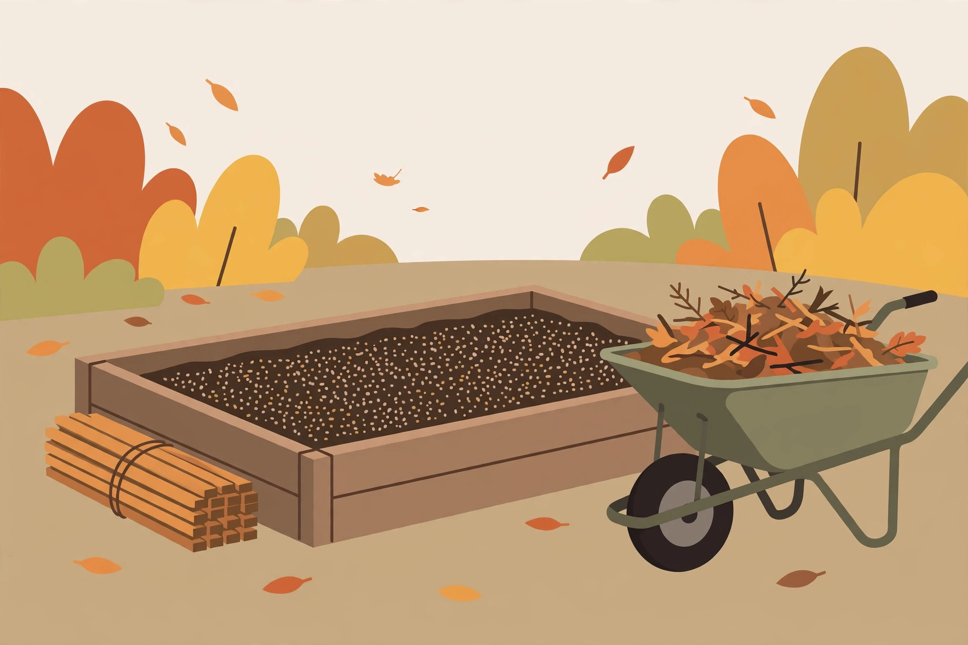 Mulched raised garden bed with wheelbarrow of cleared debris and bundled stakes
