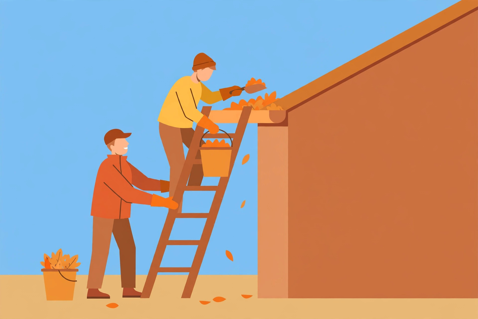 Flat illustration of a sturdy ladder against a house eave with safety highlights: level ground, a spotter, and clean gutters