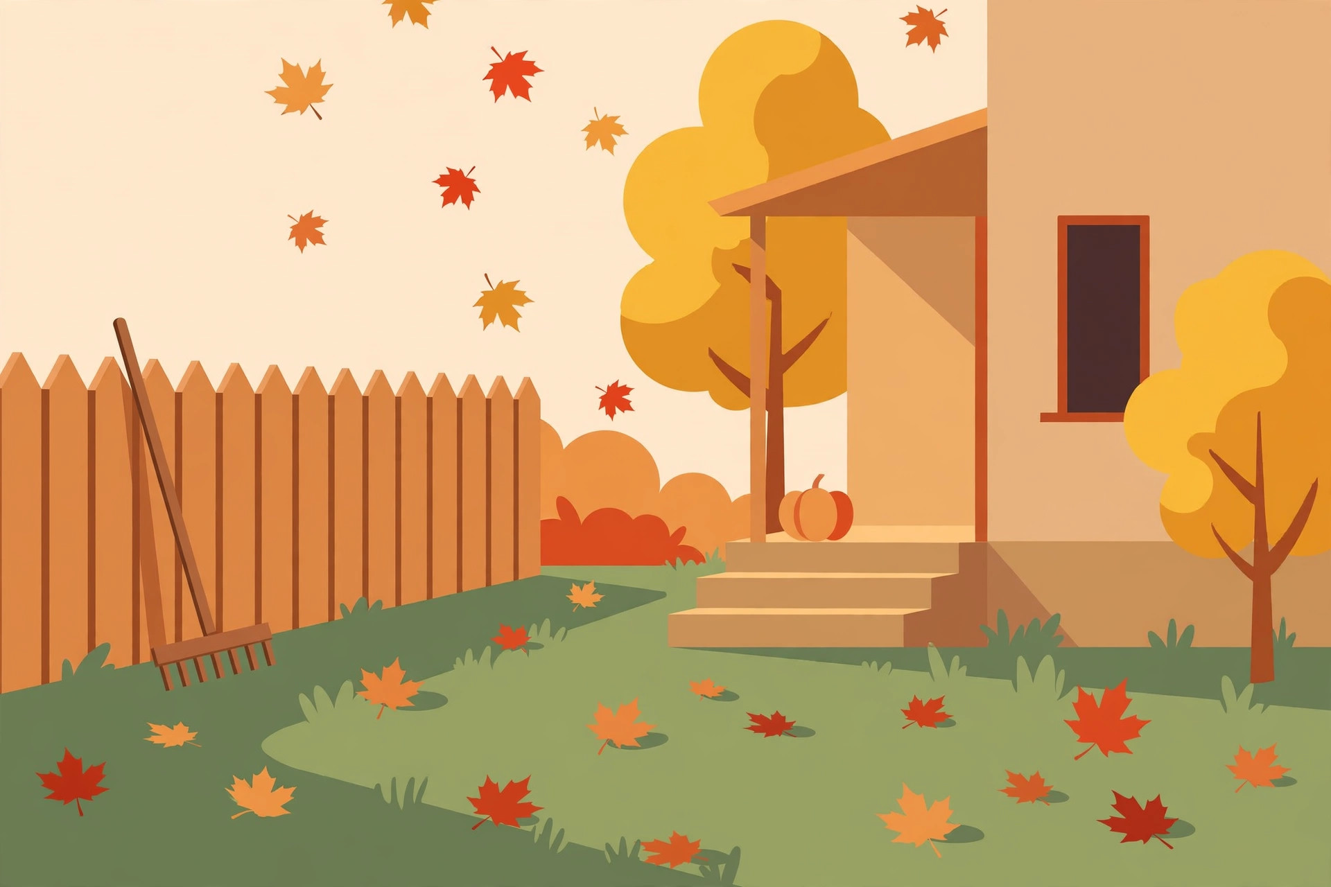 Flat illustration of a cozy autumn yard with falling orange and red leaves, a rake leaning on a fence, and a tidy lawn