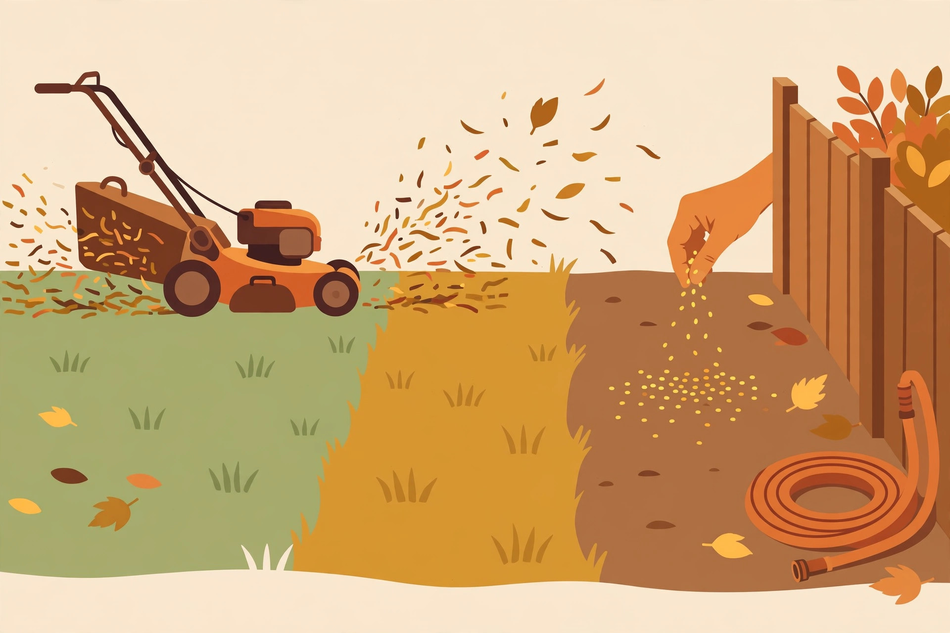 Flat illustration of a lawn in transition: a mower doing a final high cut, fresh seed patches, and a garden hose being coiled