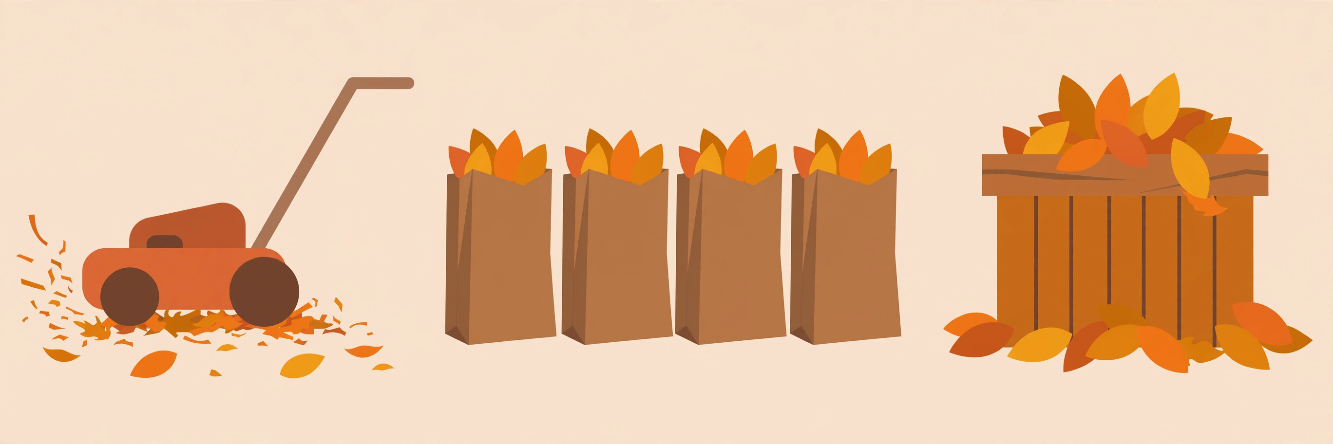 Flat illustration of three leaf-handling options: a mower mulching leaves, paper yard-waste bags, and a compost bin