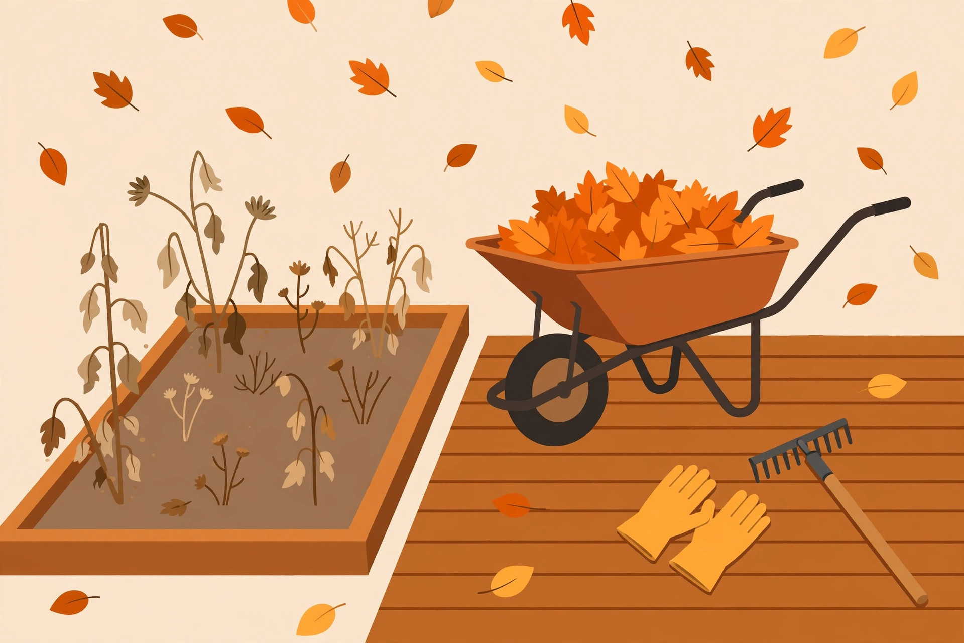 Flat illustration of a backyard checklist: falling leaves, a garden bed, and tools laid out on a sunny autumn morning