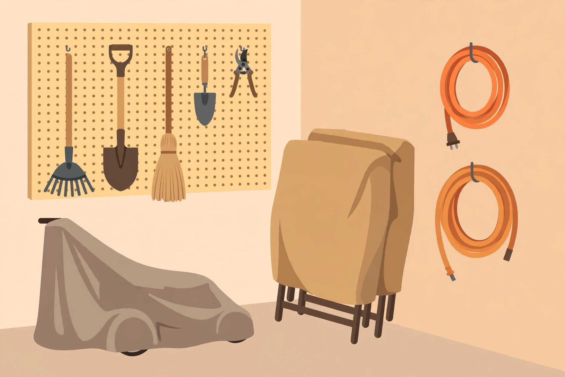 Flat illustration of a tidy garage corner: clean tools hung on a wall, a covered lawnmower, and folded patio furniture under a cover