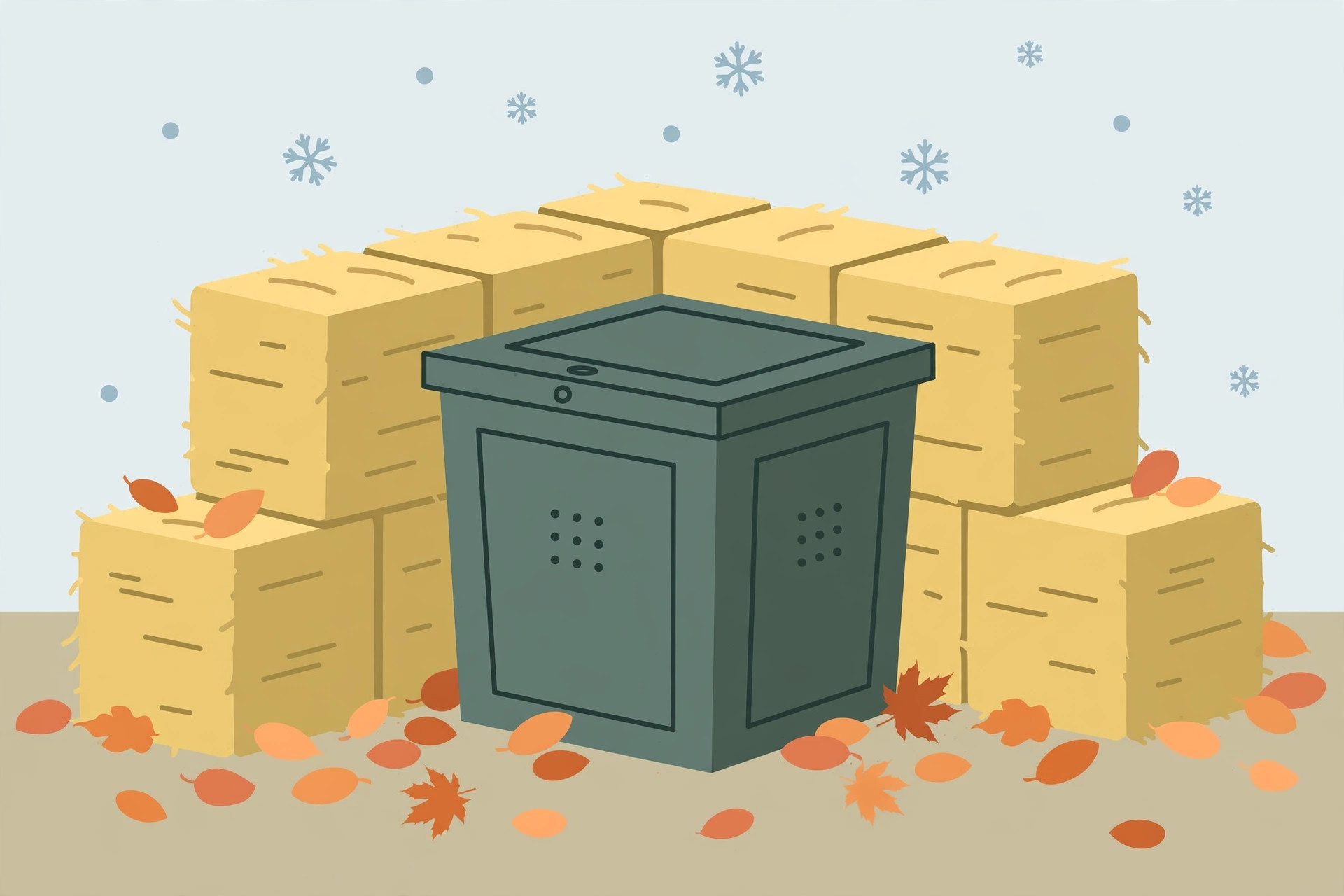 Compost bin with lid surrounded by straw bales under falling leaves and snow